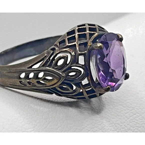 1CT Natural Amethyst 925 Solid Sterling Silver Victorian Style Ring Sz 8 - Picture 4 of 7